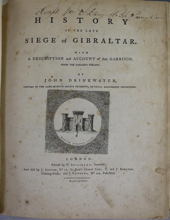 Drinkwater, John - A History of the Late Siege of Gibraltar, 1st edition, folio, rebound modern brown calf,